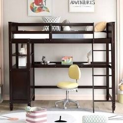 NEW Espresso Twin Size Wood Loft Bed with Desk, Shelves and Drawers