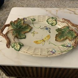“Old World Rabbits” 19” Oval Handled Serving Platter, Porcelain; Butterflies, Foliage, Weave Basket Rim - Pompano Beach