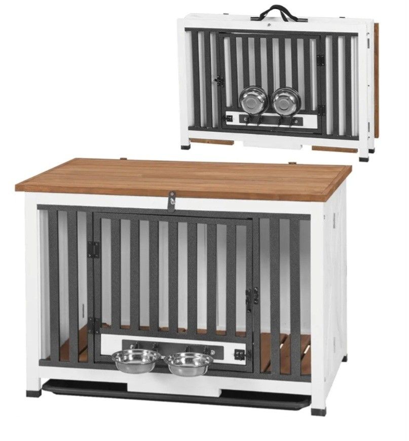 Wooden Dog Crate With Bowls