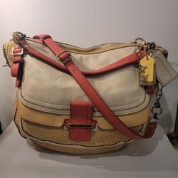 COACH Madison Pinnacle Straw Flap Eva Gold/Guava Satchel Handbag Purse