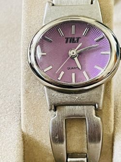 Tilt Stainless Steel Quartz Watch With Second Hand, New Battery Silver Purple Face, Only $12