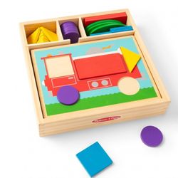 Melissa & Doug Beginner Wooden Pattern Blocks Educational Toy with 5 Double-Sided Scenes and around 27 Shapes Puzzles for Kids