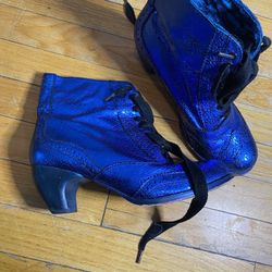 shiny blue boots with small heel