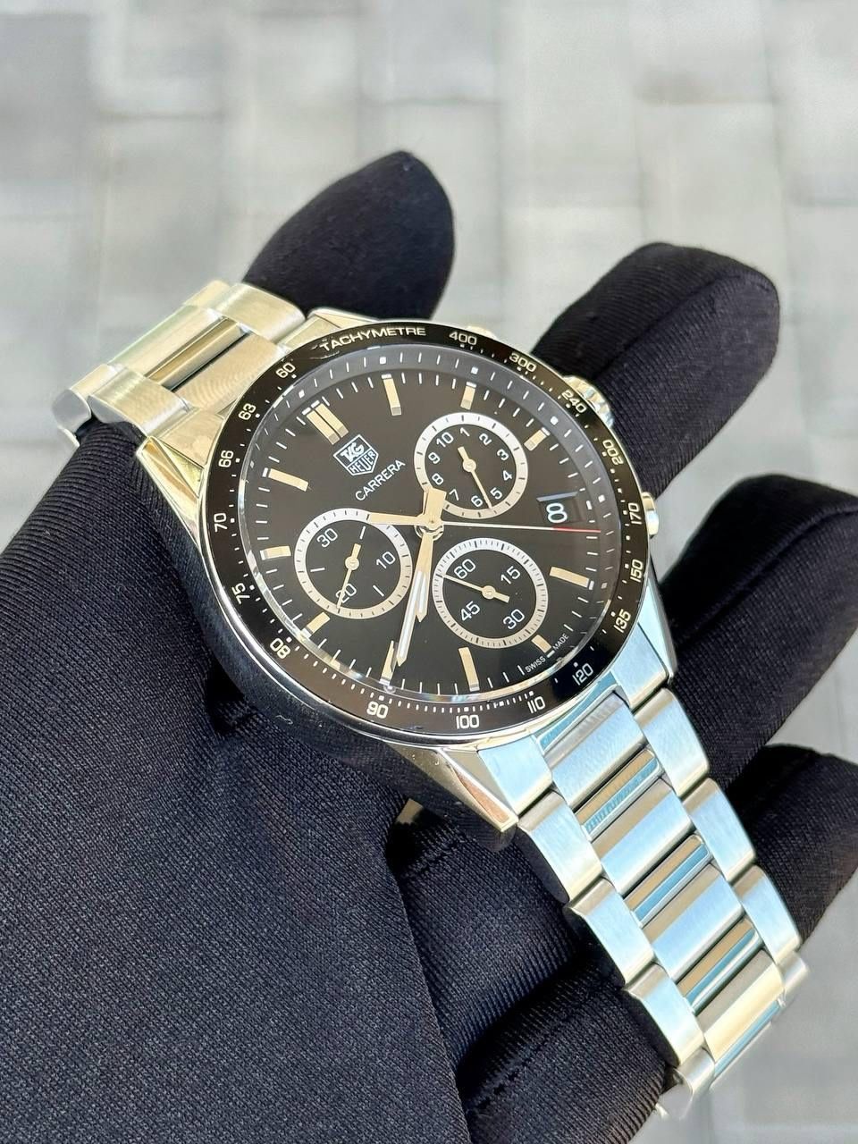 TAG Heuer Carrera Panamericana Mens Watch Stainless Steel Quartz 43mm CV1A10 Black Dial Chronograph box papers