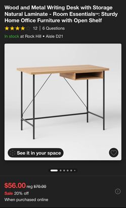 Wood and Metal Writing Desk with Storage Natural Laminate - Room Essentials™: Sturdy - Home Office