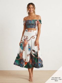 SHEIN One-Shoulder Maxi Dress with Peacock Feather Print in White, Green, Blue