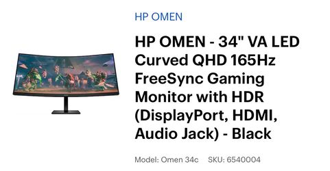 HP OMEN - 34" VA LED Curved QHD 165Hz FreeSync Gaming Monitor with HDR (DisplayPort, HDMI,