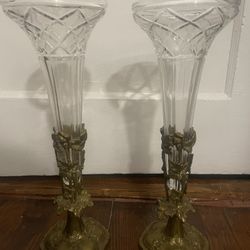 Glorious Victorian style crystal vases with brass stands