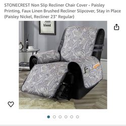 STONECREST Non Slip Recliner Chair Cover - Paisley Printing, Faux Linen Brushed Recliner Slipcover, Stay in Place (Paisley Nickel, Recliner 23" Regula
