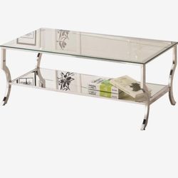 Pemberly Row Glass Top Accent Coffee Table, Chrome Finish, Tempered Glass and Metal Construction, 19.25" H x 47.25" W x 23.5" D, Contemporary Style wi