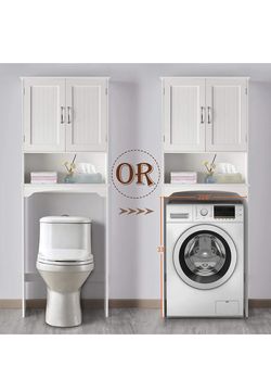 Over The Toilet Cabinet, Double Door Bathroom Storage Organizer, Toilet Rack with Inner Adjustable Shelf and Open Storage Shelf, White