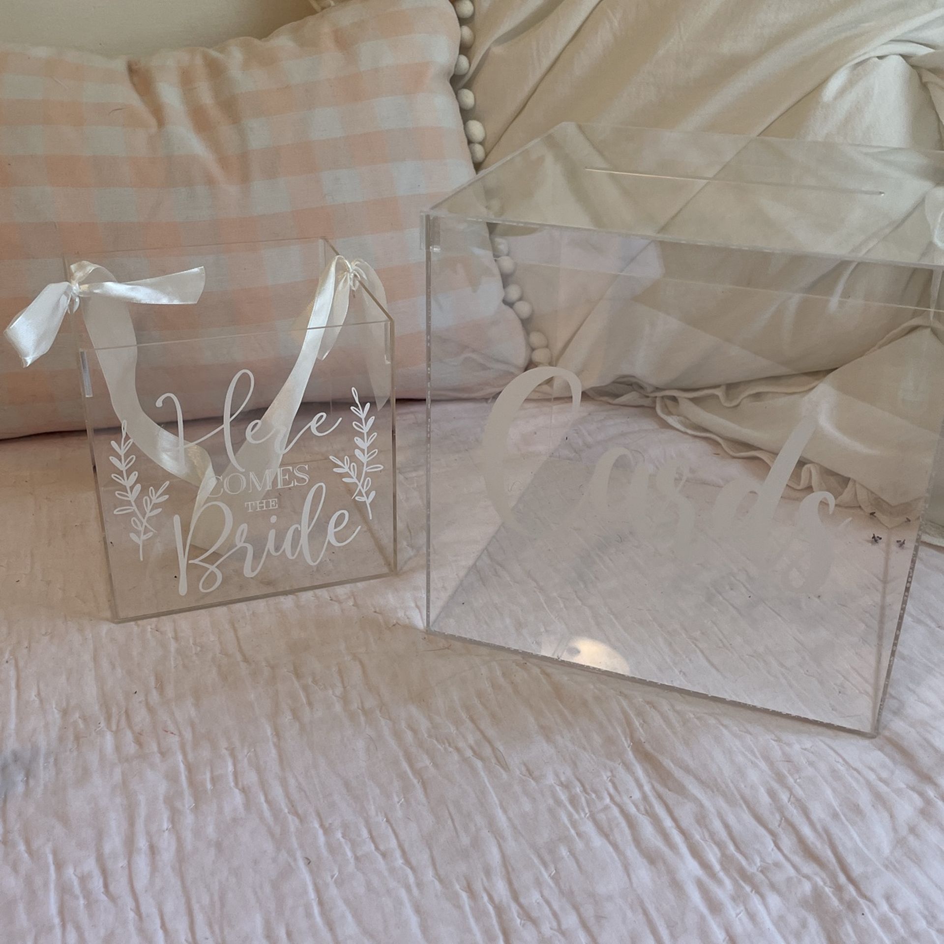 Acrylic boxes for wedding cards, and flower girl petals