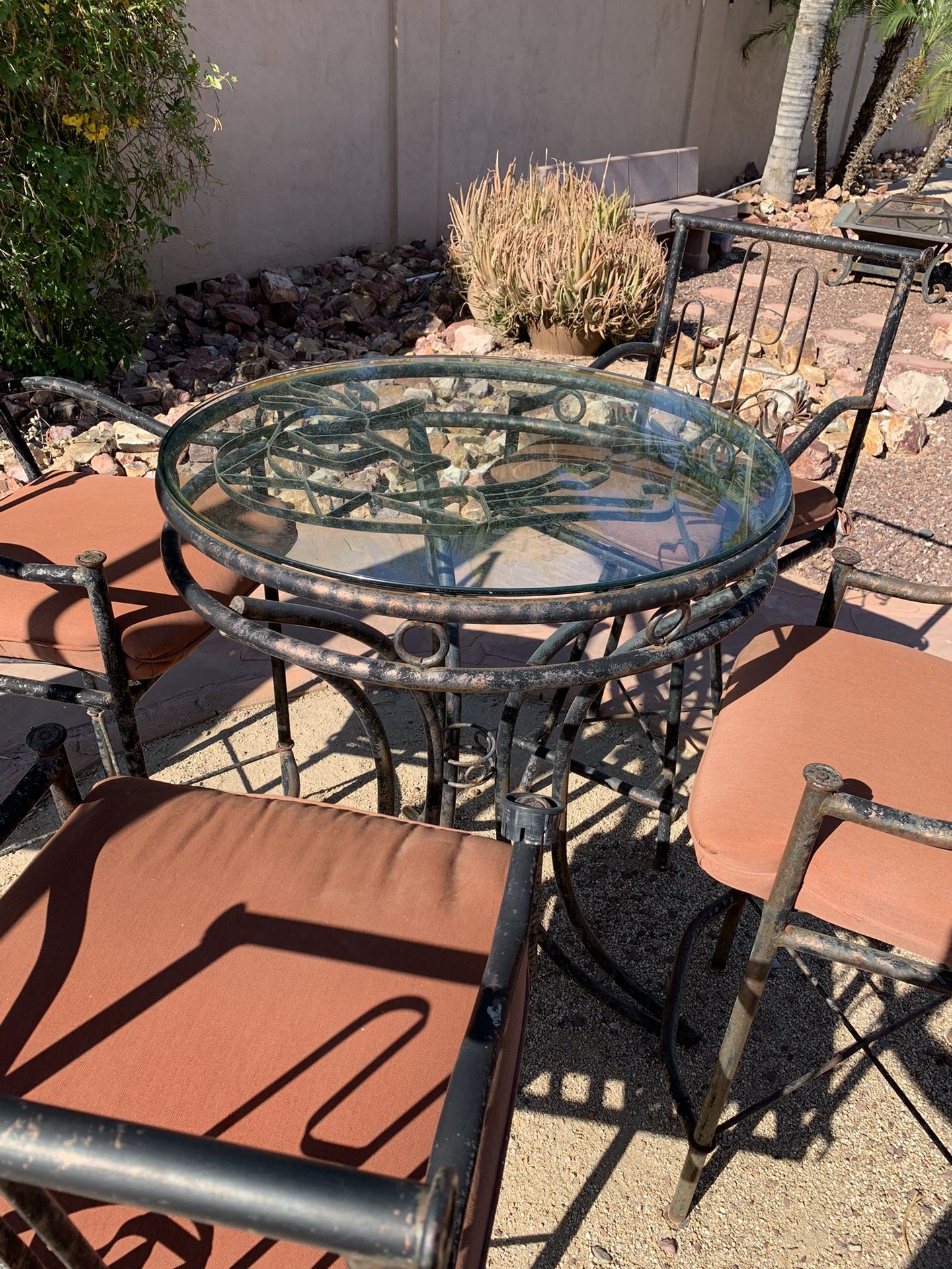 Outdoor Round Wrought Iron High Top Table and Chairs Patio Furniture