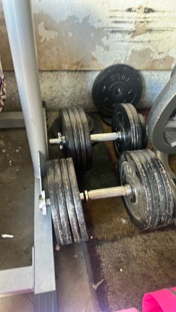 Dumbbells and leg press machine. Good condition.