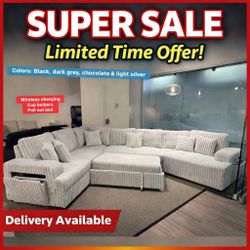 LIGHT SILVER Corduroy  Half U-Shaped Pull Out Sectional Sofa w/ Storage Armrest w/ USB + Pillows