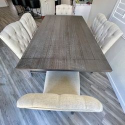 Rustic Dining Table Set - Counter Height Dining Table + 6 Beige Chairs