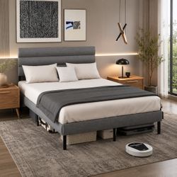 Queen Bed Frame with Linen Upholstered Headboard, Metal Platform Bed Frame Queen Size with 14" Underbed Storage, Metal Slats Support, Noise Free, No B