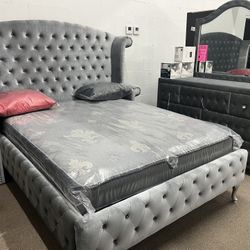 Gray Or Black Velvet Queen Bed Dresser Mirror 