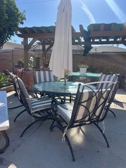 Patio Dining Set - Glass table, 4 chairs, Umbrella