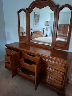 Traditional Sumter Oak Cabinet Dresser with Tri-Fold Mirror and Wardrobe Armoire