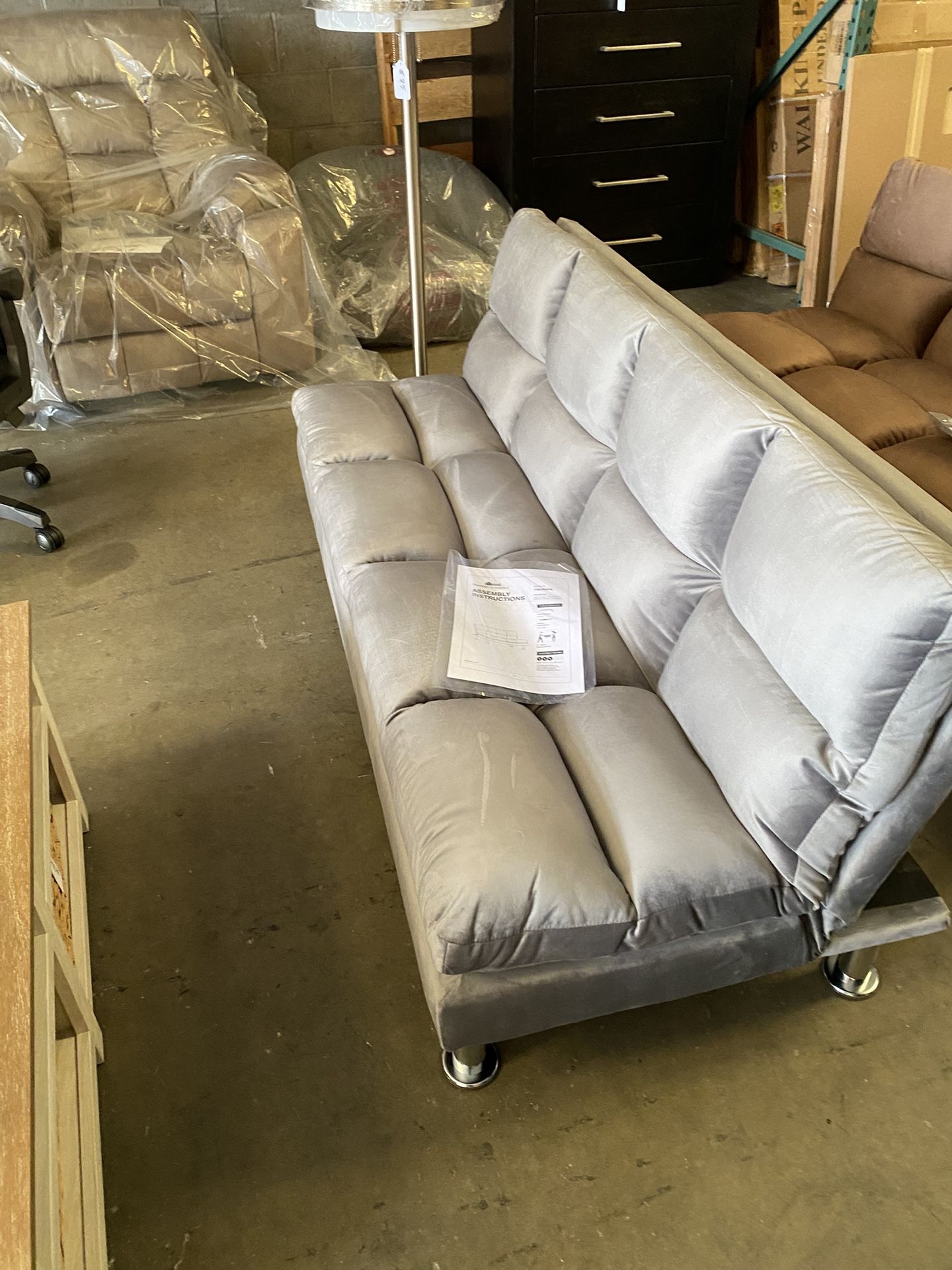 New 65” saratoga futon sofa gray, brown and navy blue