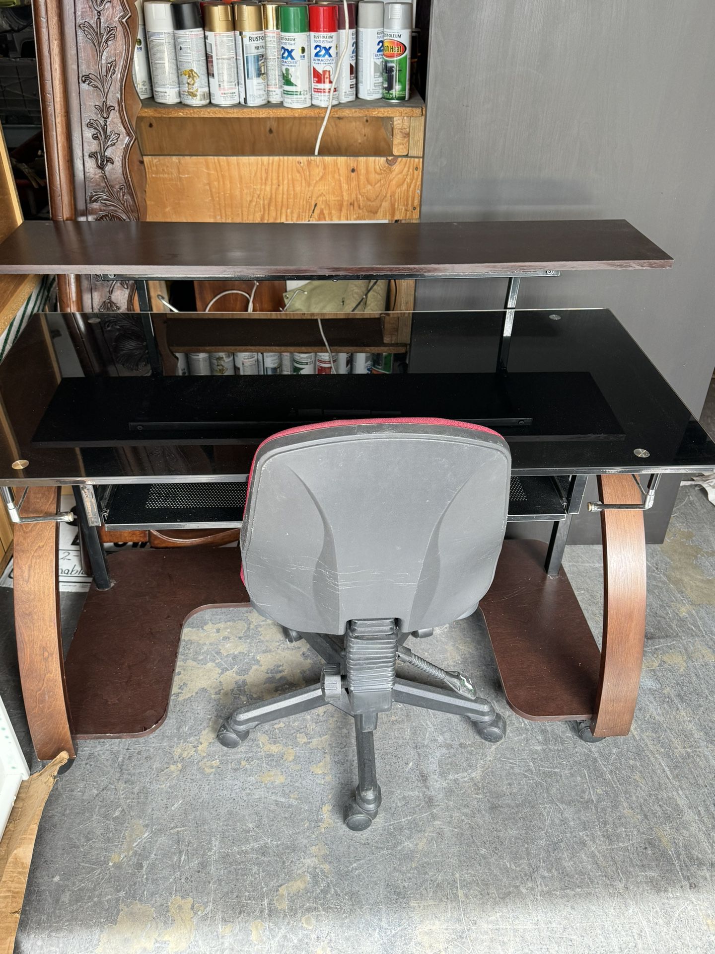 Modern metal & glass computer desk  w/ keyboard, hutch  $50 & free chair $5 