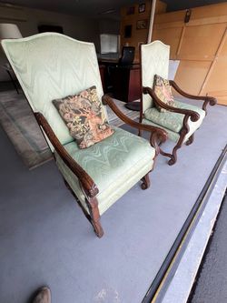 Pair of Carved Wood Armchairs with Green Upholstery