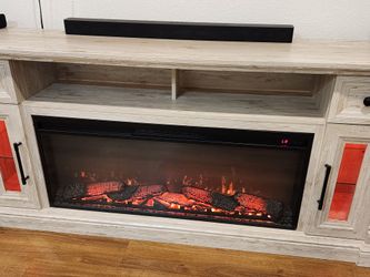 Farmhouse Fireplace TV Stand w/ Glass Doors & Shelves