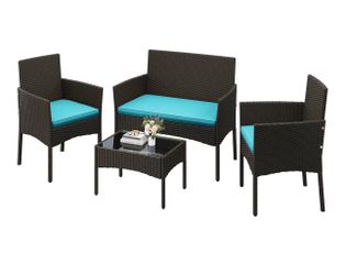 4-Piece Patio Rattan Sofa & Table Set with Tempered-Glass Tabletop, Brown and Cyan