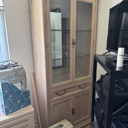 Light Oak Curio Cabinet With Drawer And Underneath Storage