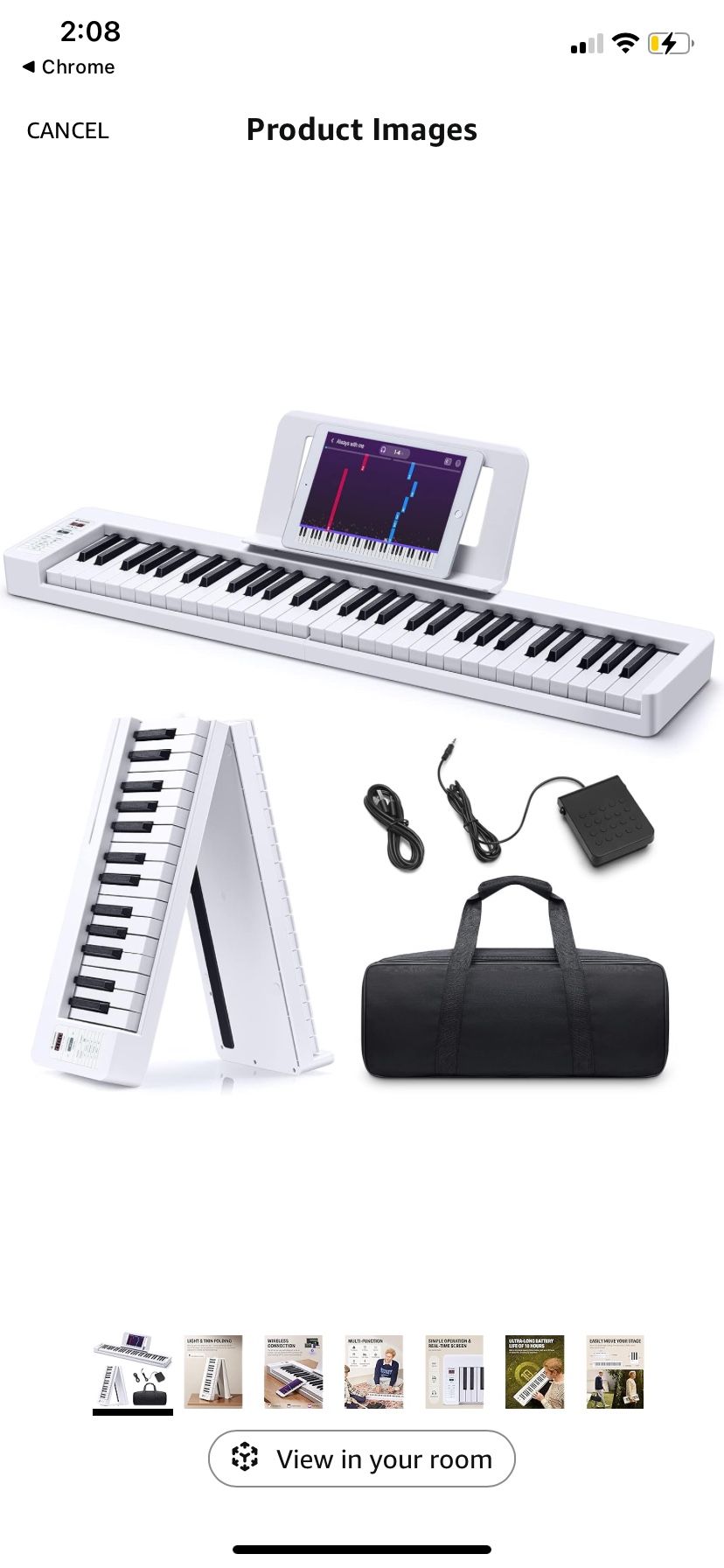 Donner 61-Key Folding Bluetooth Keyboard Piano for Beginners, Portable Piano Keyboard with Music Rest, Bag, Pedal, and App - White