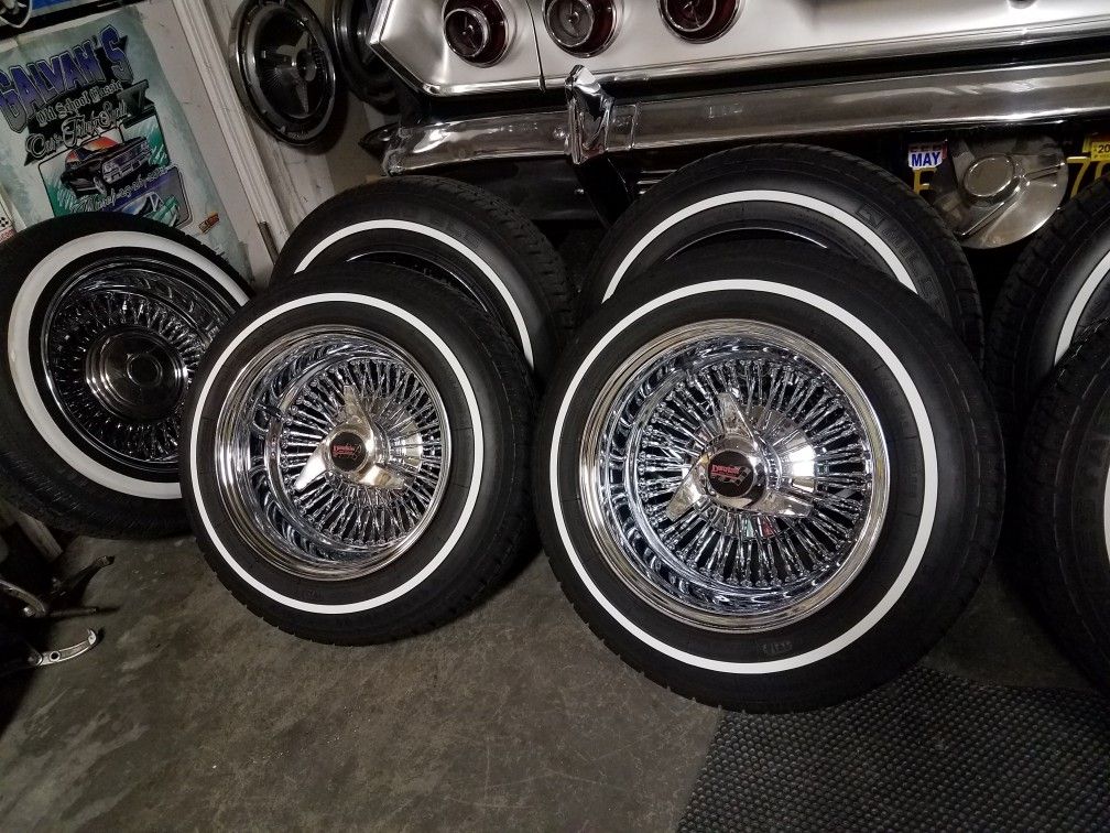 13 inch 72 spoke wire rims 3 wing Dayton knockoffs lowrider white wall tires cash or trade 13x7