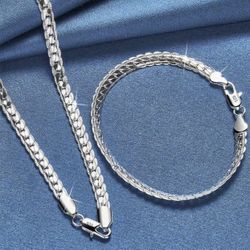 New 925 Silver 2 Pieces Full Sideways Chain Necklace Bracelet For Women Men Fashion Jewelry Sets .