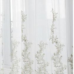 Sheer Tulle Curtain Golden Thread Embroidered Floral Panel