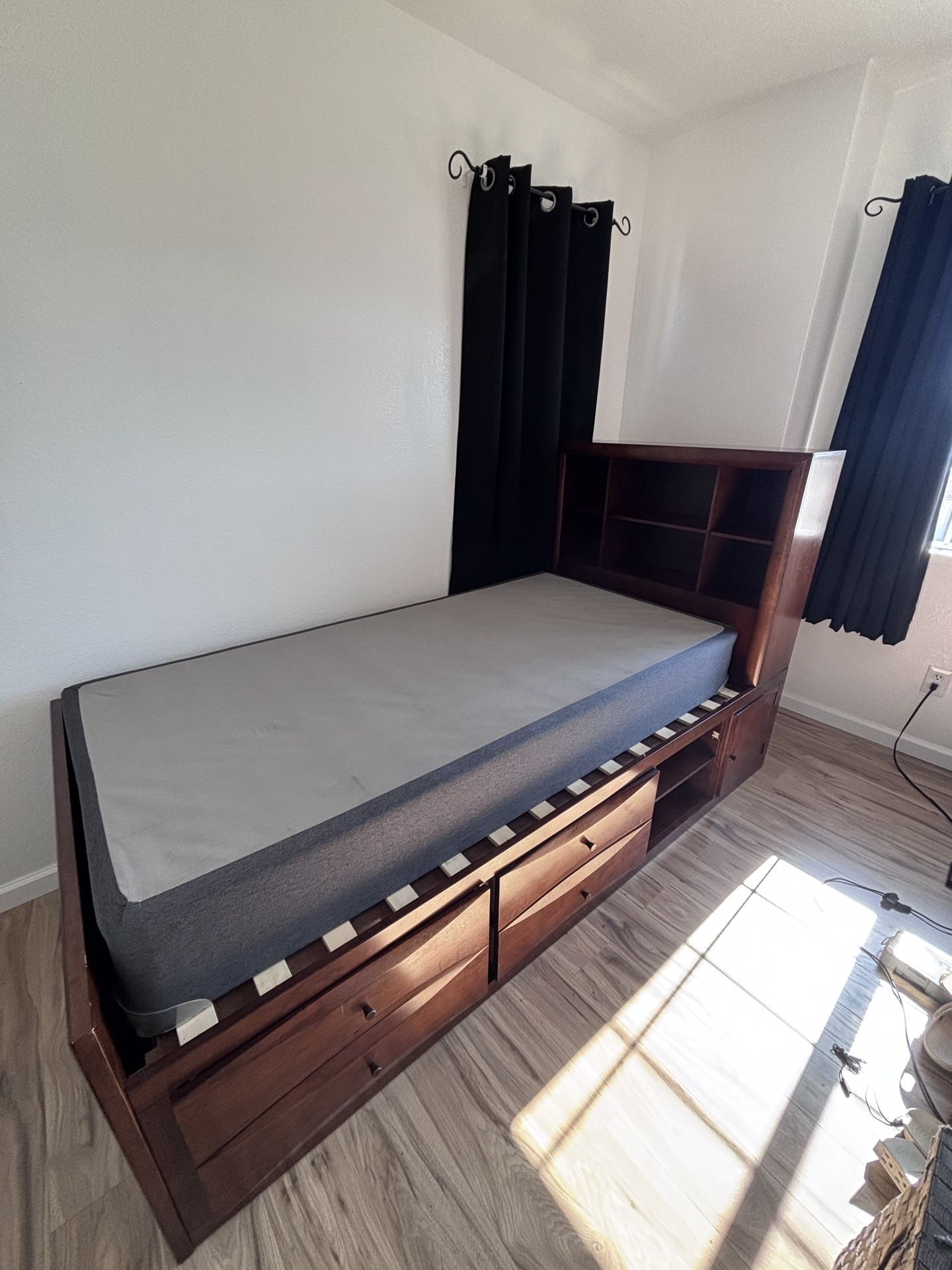 Twin size bed frame with drawers and shoe rack