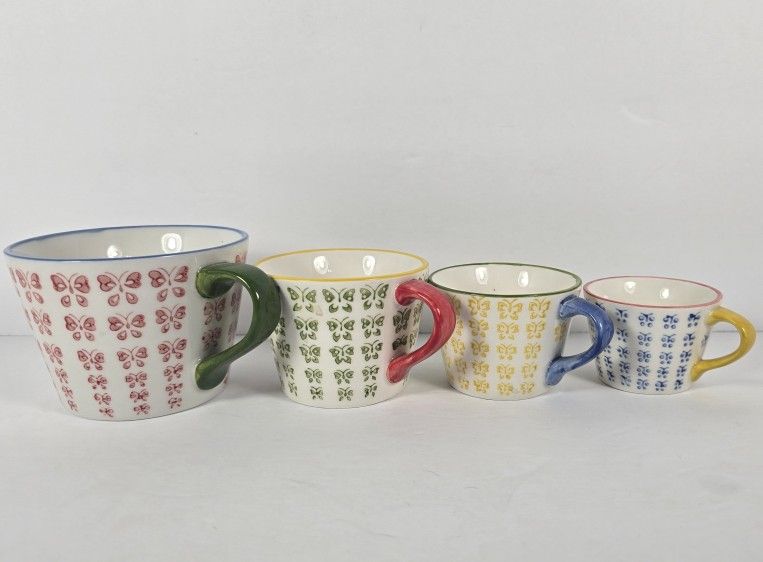 Pier 1 Stoneware Butterfly Measuring Cups Hand Painted Multi Colored Set of 4