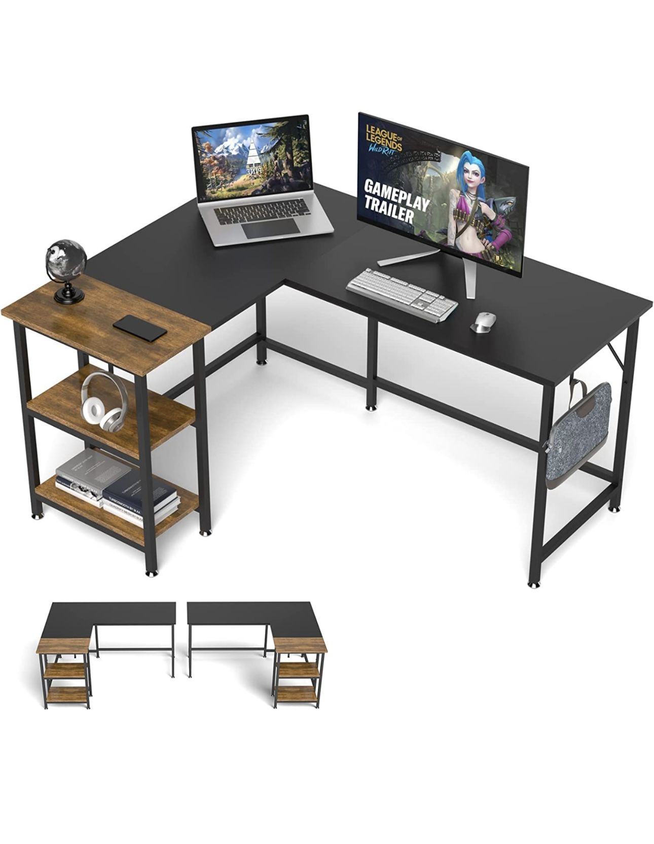 Klvied L Shaped Desk for Home Office, Double Color L Table with Storage Shelves