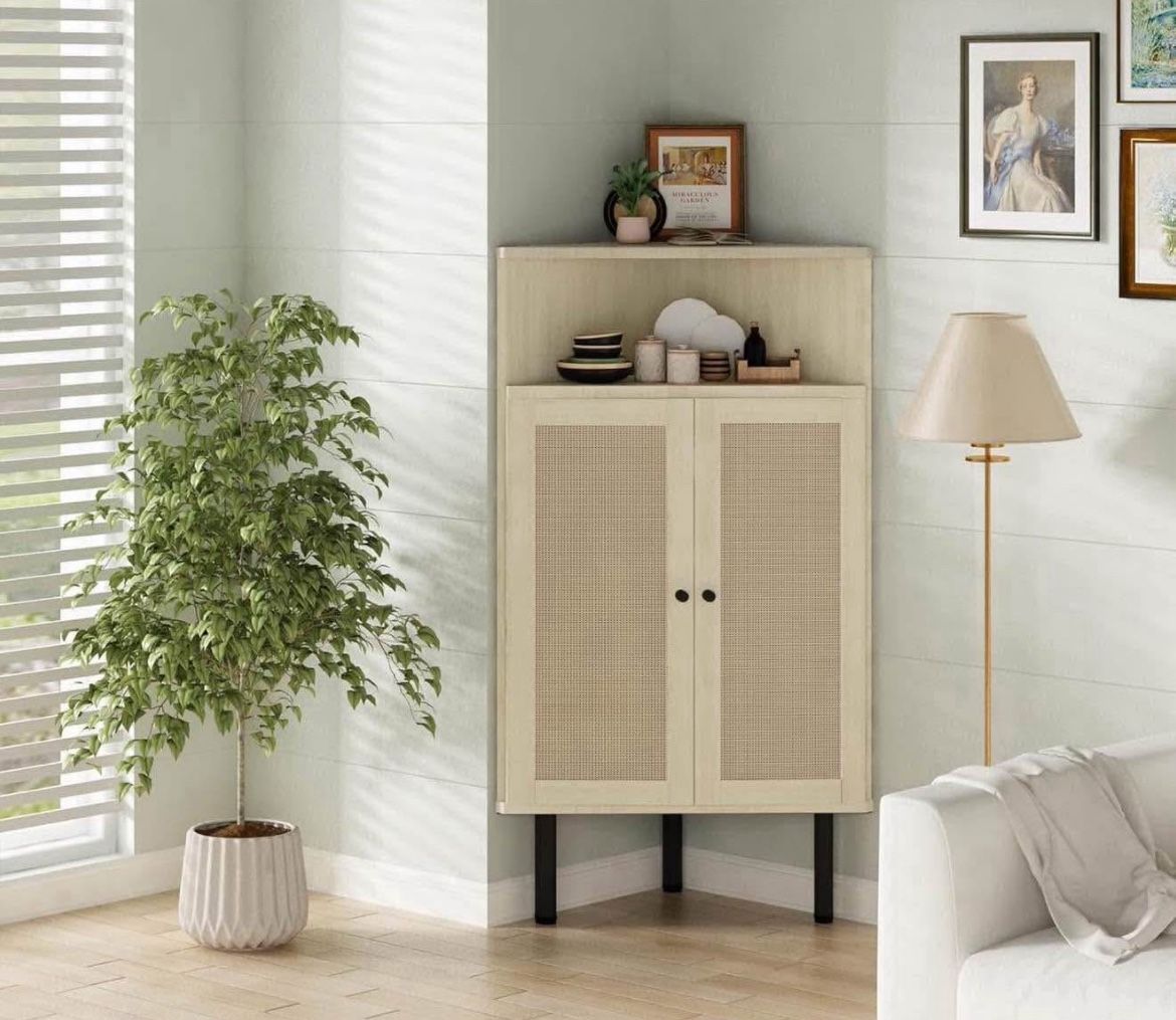 4-Tier Corner Cabinet with Doors & Shelves, Rattan Freestanding Bar Storage Cabinet, Corner Table for Small Spaces, Livi