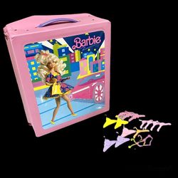 Vintage Mattel Barbie Doll Trunk 1989 Pink Accessory Case w/ Hangers For Clothes