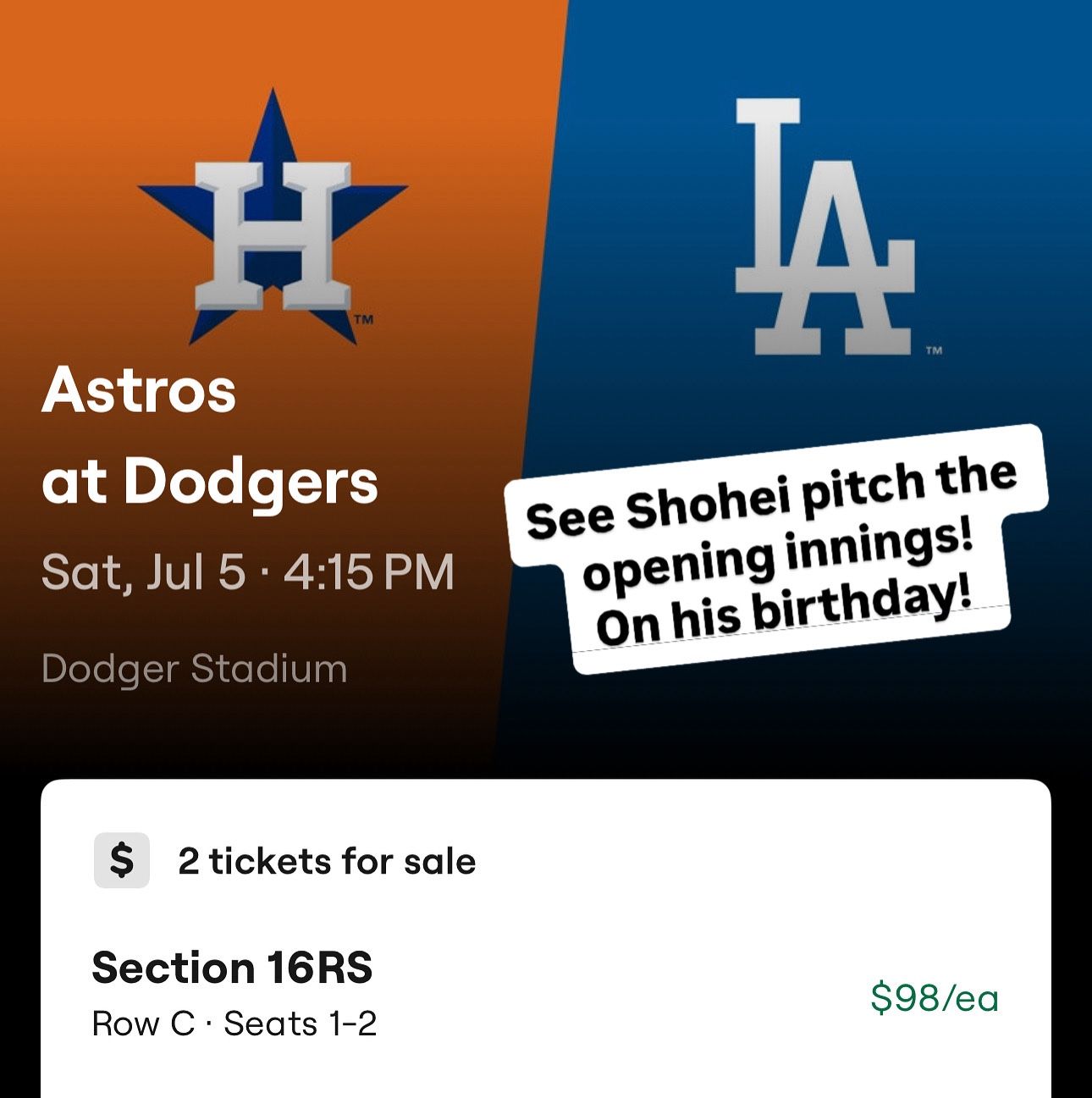 Dodgers Vs Astros Today At 4:15 $150For Both