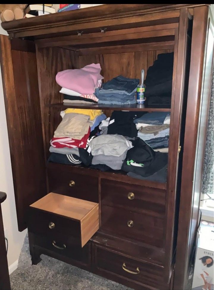 Beautiful Solid Wood Armoire / Wardrobe with Drawers & Shelves
