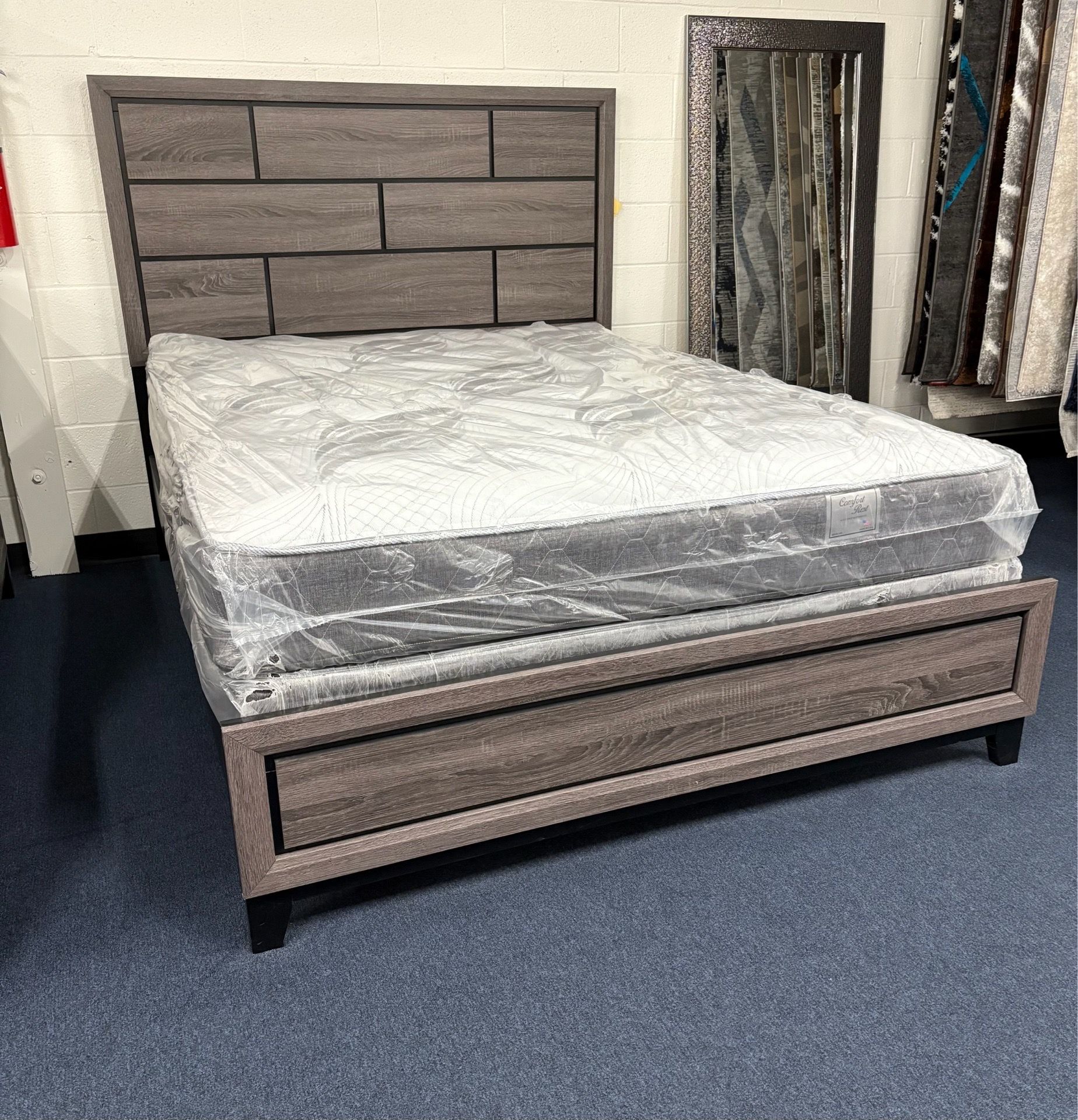Queen bed frame, mattress, and boxspring package deal