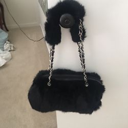 Black Faux Fur Purse with Silver Braided Handles