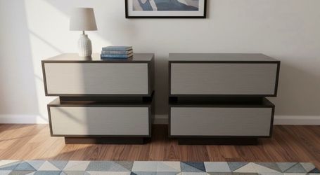 Two Millie Nightstands by Belle Meade Signature. Soft close push drawers, some cosmetic wear on finish. High quality chests. Retail $3,150 each 36x20x