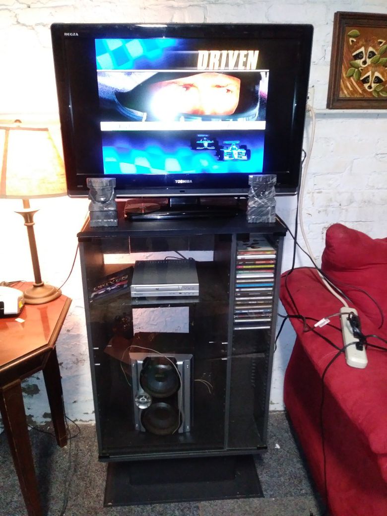 Black Entertainment /Multimedia Center Stand w/Glass Doors and Shelved Storage
