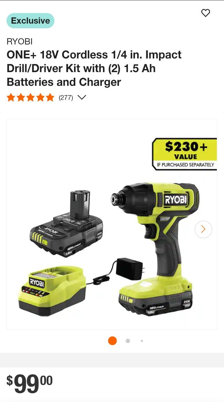 NEW/FACTORY SEALED RYOBI
ONE+ 18V Cordless 1/4 in. Drill/Driver Kit with (2) 1.5 Ah Batteries and Charger