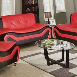 Modern Style Red Leather Three Piece Couch Set