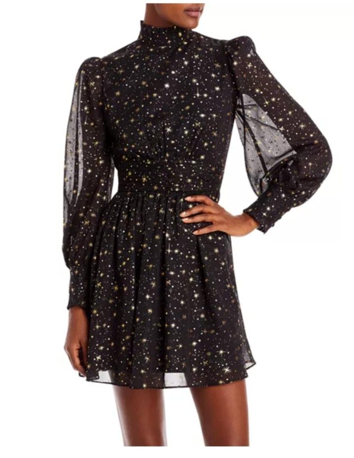 NEW WITH TAG AQUA Metallic Stripe Star Mini Print Dress in BLACK & GOLD Size XS