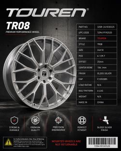 NEW Touren 24x10 Gloss Silver Performance Wheels