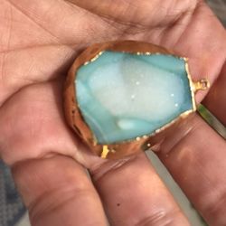 Large Gold Framed Aqua Blue Chalcedony Pendant With Druzy Rare Jewelry 